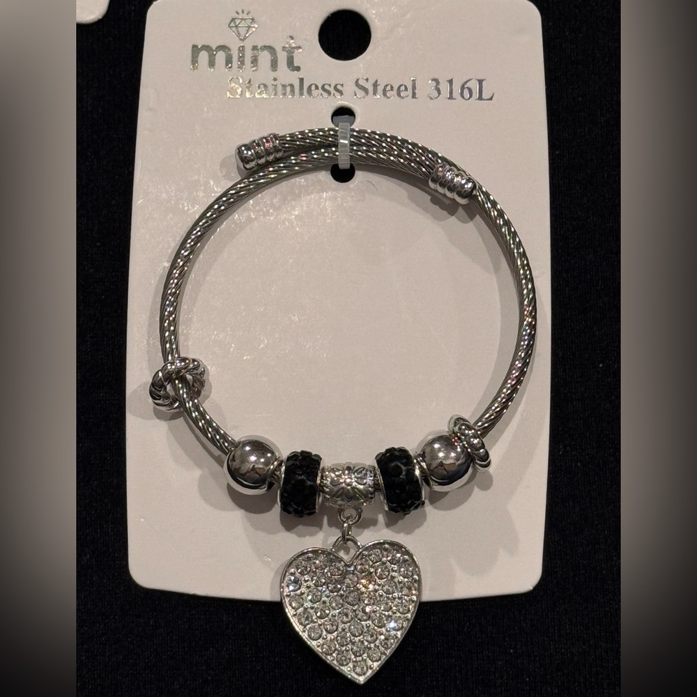 Mint Silver Stainless Steel Adjustable Bracelet Heart Charm and Black Accents - Picture 3 of 6